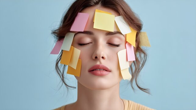 Woman’s Face Covered with Sticky Notes, Symbol of Mental Overload and Burnout, Workplace Stress Concept, Productivity Pressure, Psychological Fatigue, Creative Visual Metaphor