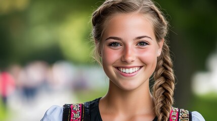 Smiling blonde woman wears traditional clothing with braided hair outdoors against a blurry green backdrop.