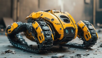 Yellow futuristic tracked robot on rubble