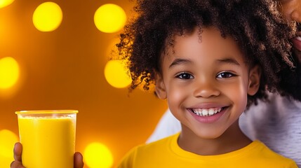 Smiling child holds a yellow smoothie against an orange background with diffused yellow lights.
