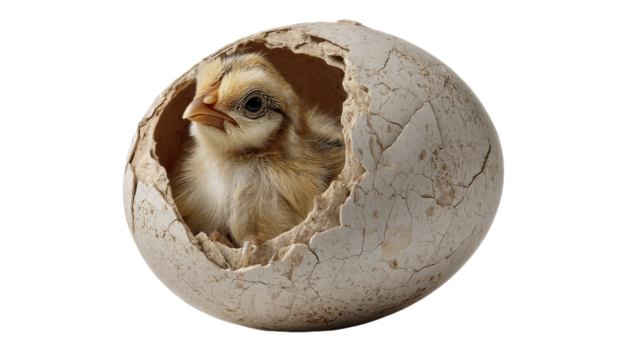 Newborn Chick Emerging: A tiny newborn chick breaks free from its eggshell, its downy feathers and curious gaze symbolizing new beginnings and the promise of life.