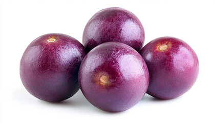 Obraz premium Four ripe, purple passion fruits stacked together on a white background.