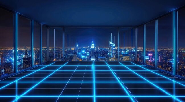 Empty high-rise floor, NYC view, neon grid
