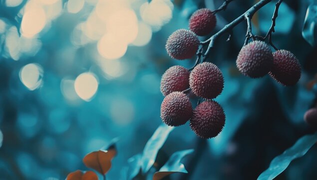 Clusters of reddish-pink lychees on a branch, soft-focus teal background
