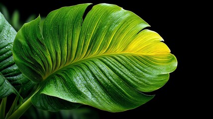 Fototapeta premium Lush leaf glistens with dewdrops against night