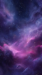 Naklejka premium a dreamy cosmic nebula with swirling mist, glowing magenta and pink gas clouds, scattered stars across a deep indigo and purple universe