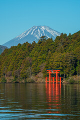 Mount Fuji View Over Lake Ashi with Torii Gate
