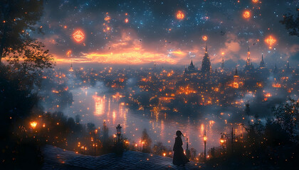 City at twilight. Glowing lights shine from buildings, reflected in the water, beneath a stunning sunset sky