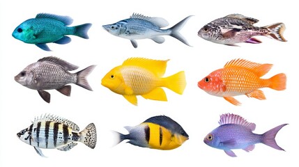 Naklejka premium Vibrant Tropical Fish Collection - A stunning collection of twelve diverse tropical fish, showcasing a variety of colors and patterns, isolated on a white background