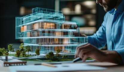 Architect working on building model, holographic design overlay