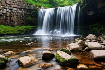 Outdoor waterfall scene with rocks and flowing water, minimalist premium nature design, clean composition, dark earth tones, elegant background