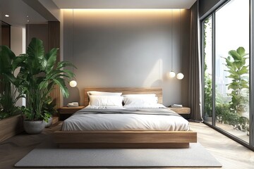Modern bedroom with wooden bed, plants, and city view