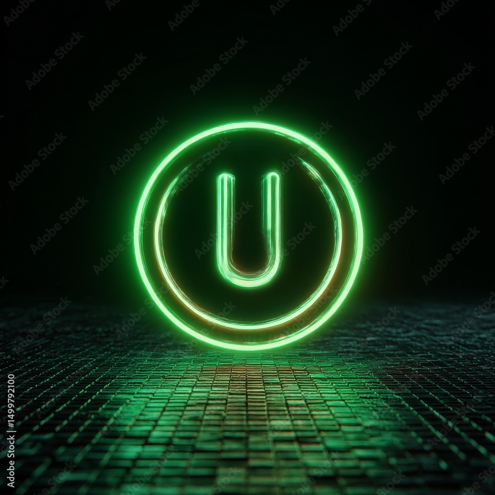 Poster glowing green u: neon letter sign on a textured surface under a dark background, creating an abstrac