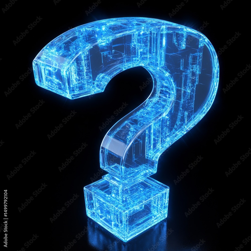 Poster Glowing Blue Question Mark: A Digital Enigma of Knowledge and Uncertainty on a Dark Background