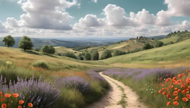A winding dirt path through a field of lavender and poppies on a sunny day with rolling hills behind - Powered by Adobe
