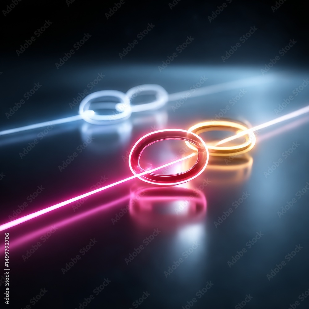 Aufkleber neon rings illuminated by colorful laser beams on a glossy surface - a modern abstract art piece