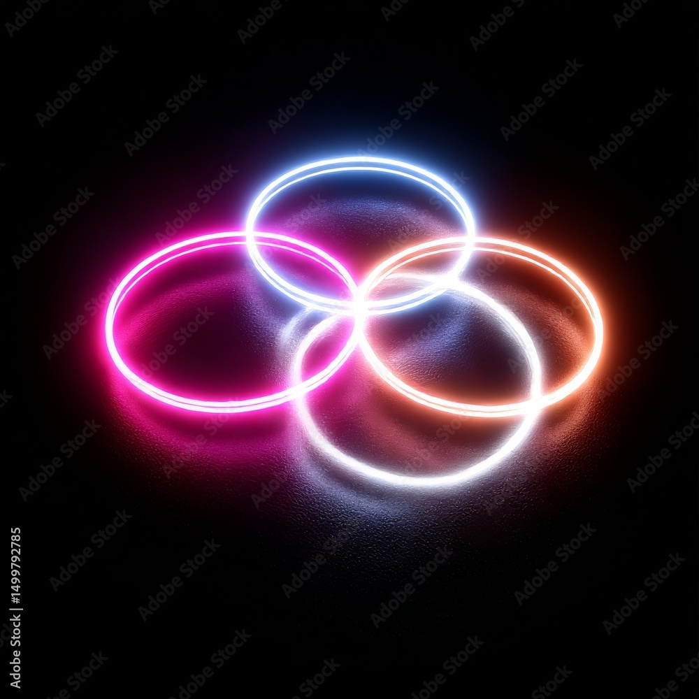Poster Radiant Overlap: Abstract Neon Circles Illuminating a Dark Texture, Creating a Mesmerizing Optical Illusion with Reflections