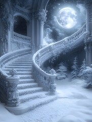A grand, snow-covered spiral staircase in a palatial hall opens to a moonlit winter landscape