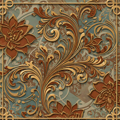 A decorative square panel featuring golden floral swirls and brown flower accents on a textured ground