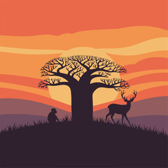 Fototapeta premium Silhouetted animals in a desert landscape with a sunset sky