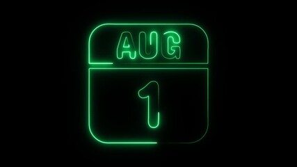 Glowing neon 1 august icon isolated on black background.a neon sign with a calendar that says "1 DAYS". HD Video motion graphic animation