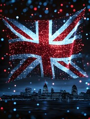 A luminous Union Jack flag, rendered in sparkling lights, billows over a stylized nighttime cityscape