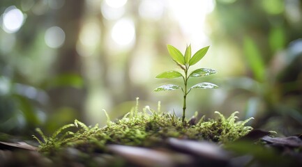 Tiny sprout emerging from mossy ground.  Sunlight filters through forest