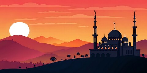Naklejka premium Stunning Sunset Mosque Silhouette with Majestic Landscape and Twilight Sky