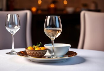Elegant wine glass, plate, bowl on table Ample negative space, wine, modern