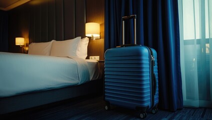 Blue suitcase in modern hotel room
