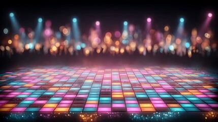 Retro dance floor with vibrant neon lights creating a party atmosphere and a sense of excitement