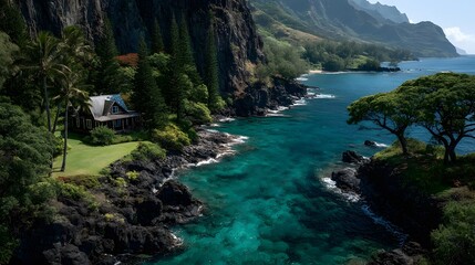 Serene hidden coastal paradise enriched with vibrant foliage and captivating island vistas, reflecting the natural beauty and isolated charm reminiscent of Kahakuloa.