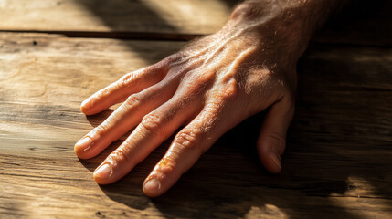 Close-up of a human hand resting on a wooden surface in sunlight  