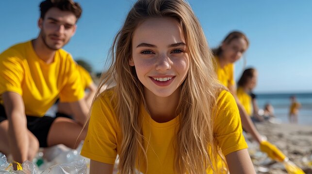 Smiling girl poses with volunteers collecting plastic bottles on sandy beach with clear blue skies. - Powered by Adobe