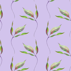 leaves are colorful, graceful. Seamless pattern on a lilac background. Hand-drawn with watercolors with texture. for packaging, wallpaper, textiles
