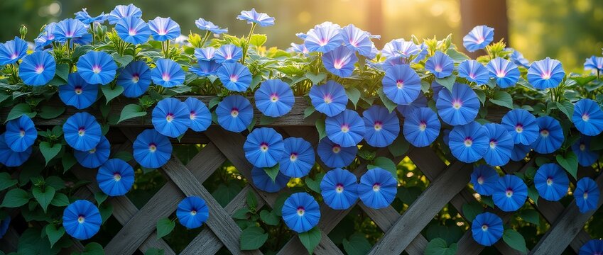 Lush blue ipomea flowers wrap around a vintage wooden fence, creating an atmosphere of coziness and nature. For illustration, landscape design, gardening blogs and interior design.