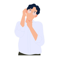 Vector illustration of man posing with doubt or confused expression, puzzled with question, businessman thinking, flat design isolated on white background.