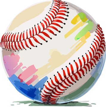 Watercolor baseball ball painting, Baseball ball with red seams vector illustration. American team sports game inventory. Active leisure 3d object on grunge background