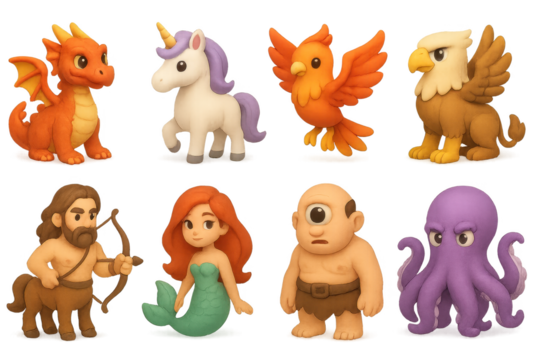 3d set of mythical creatures icons: fantasy, legendary figures in simple 3d style