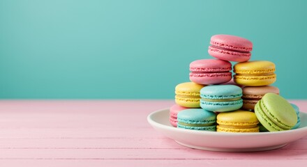 Colorful macarons stacked on a plate bright kitchen setting food photography whimsical environment close-up view sweet treat concept for seo impact