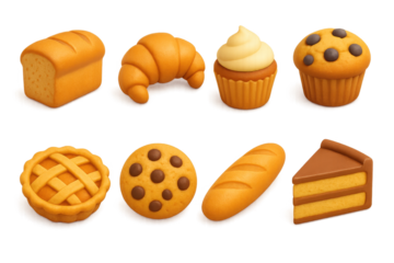 Baked goods 3d set in simple style. desserts and pastry icons collection