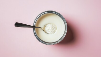 Metal tin of milk with powdered mix and spoon