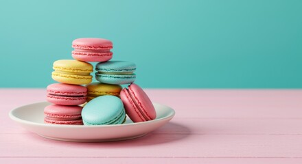 Delicious macarons stacked on plate bright colorful setting food photography pastel environment close-up viewpoint sweet treat concept