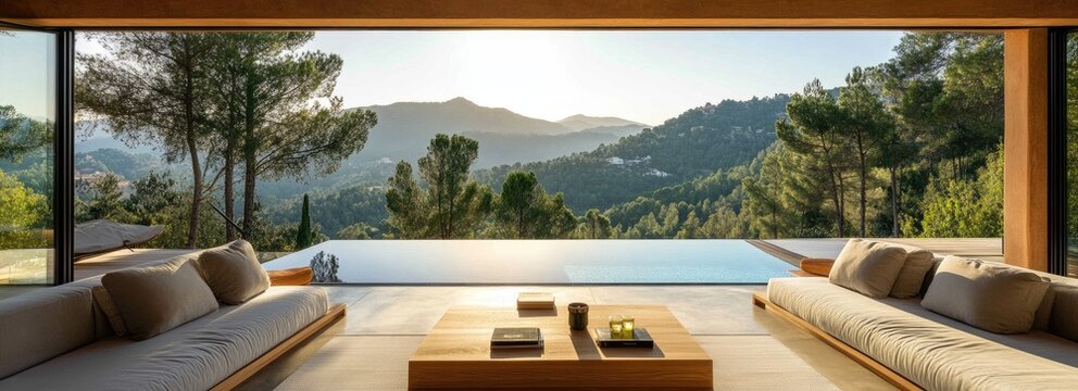 Modern outdoor living area with panoramic mountain views and a pool