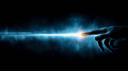 A hand reaches out, touching a bright, glowing beam of light in a dark, cosmic background.