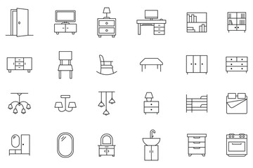 Collection of furniture icon set, vector. Outline icons of home and furniture including sofas, tables, chairs, cabinets, rugs, beds, lamps, picture frames, clocks and more. Vector illustration.