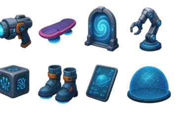 Futuristic tech 3d set. sci-fi gadget symbols and digital innovation icons