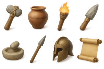 Ancient tools 3d set: art and history symbols with realistic style graphics
