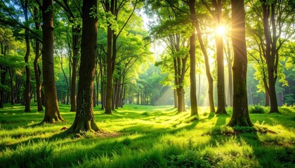 Obraz premium Serene Sunlight Illuminates Lush Green Forest Trees and Grassy Meadow Peaceful Nature Scene