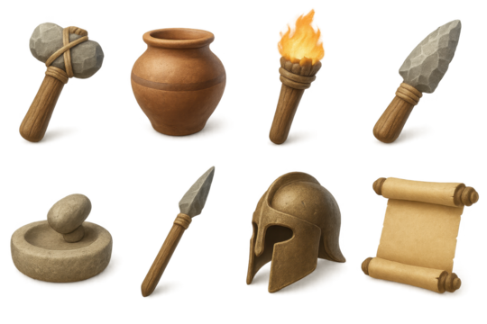 Ancient tools 3d set: art and history symbols with realistic style graphics